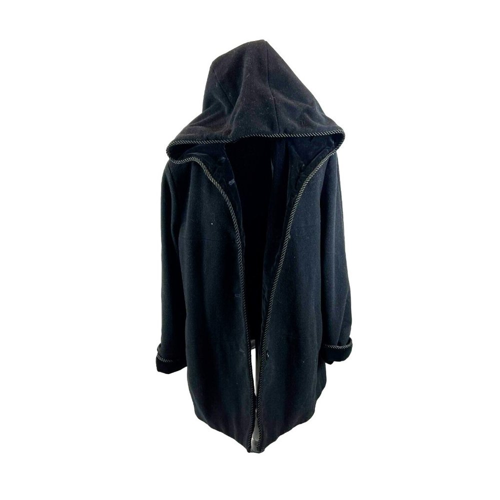 London Fog Hooded Button Up Rope Trim Lined Winter Coat Velvet Black Size 16